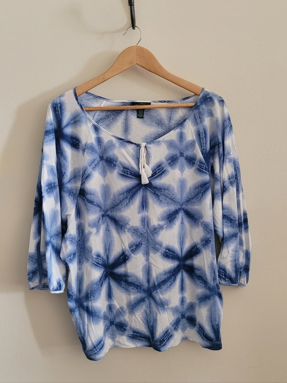 Ralph Lauren Airy 3/4 Sleeve Beachy Tie Top, Women's XL, Blue & White